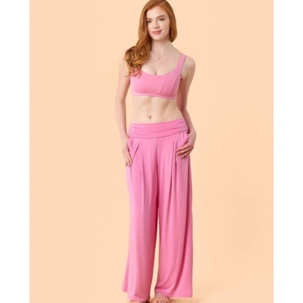 Blogilates Women's Size Large Homebody Foldover Wide Leg Pants PINK - Picture 2 of 7